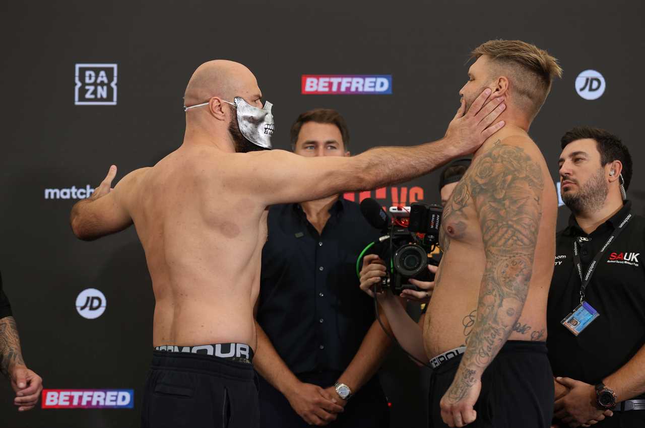Alen Babic and Mark Bennett engage in a SLAP fight at weighin, as security forces to intervene and separate the boxers