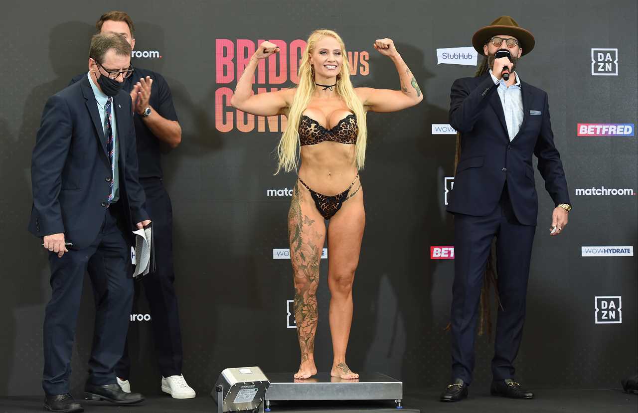 Ebanie Bridges impresses crowd with a tiger-print bikini in weigh-in to fight against Bec Connolly at Eddie Hearn’s Fight Camp
