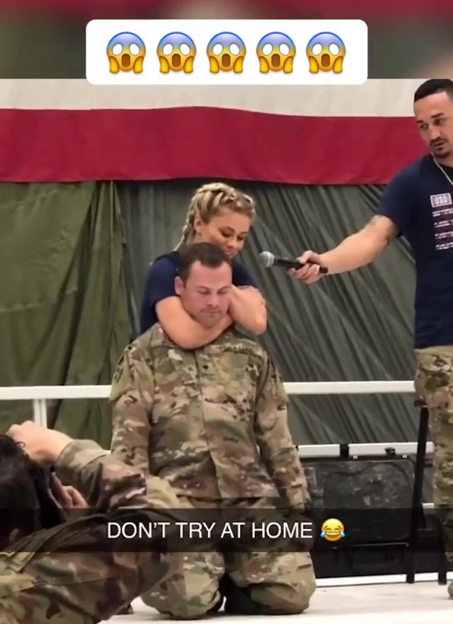 Payge VanZant, ex-UFC star, puts a soldier to sleep with choke hold while army friends in crowd go wild