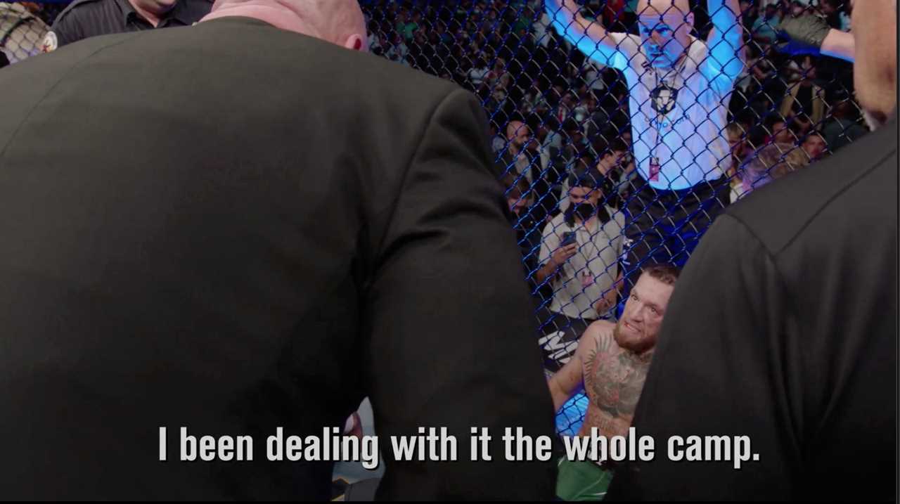 Moment Conor McGregor speaks to Dana White about his leg injury, despite the fact that UFC chief Dana White insists he knew about 'fractures.