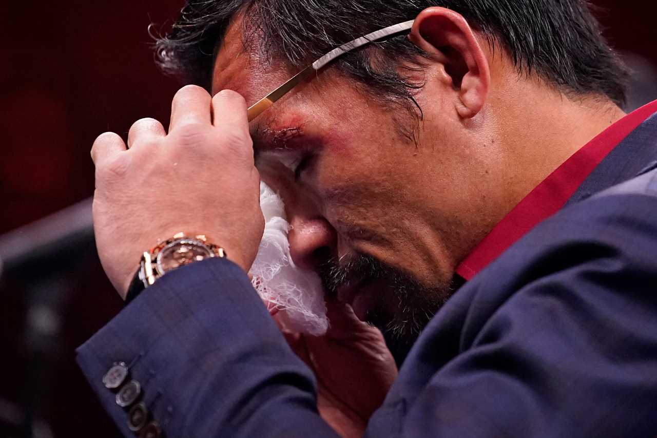 Manny Pacquiao required eight stitches following Yordenis Ugas' loss. The boxing legend displays a bruised face after the defeat