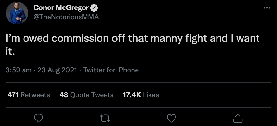 Conor McGregor claims that he's owed commission from Manny Pacquiao’s defeat to Ugas. The boxing icon contemplates retiring