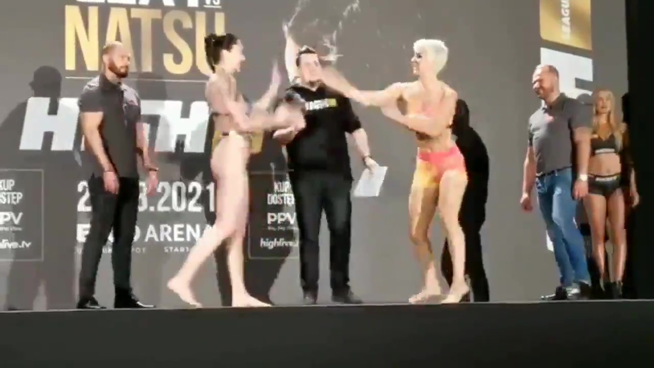 Watch as Ewa Brodnicka, MMA fighter, shoves SEX TOY into the face of her opponent in a pre-fight standoff
