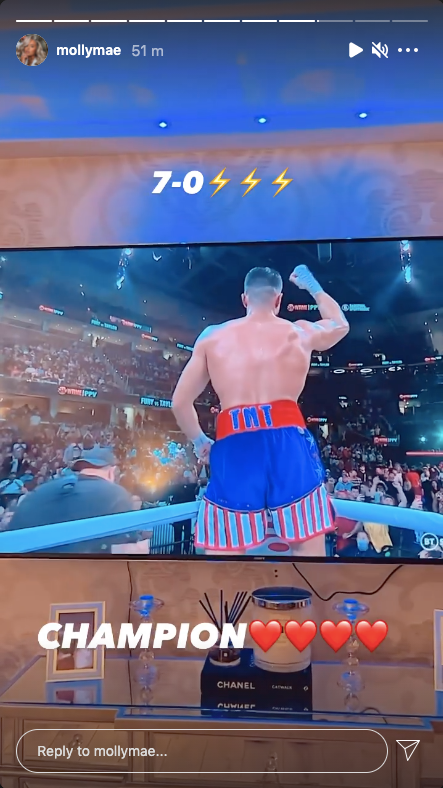Molly-Mae Hague salutes Tommy Fury, the champion on Love Island. She dedicates Jake Paul's undercard win to her girlfriend