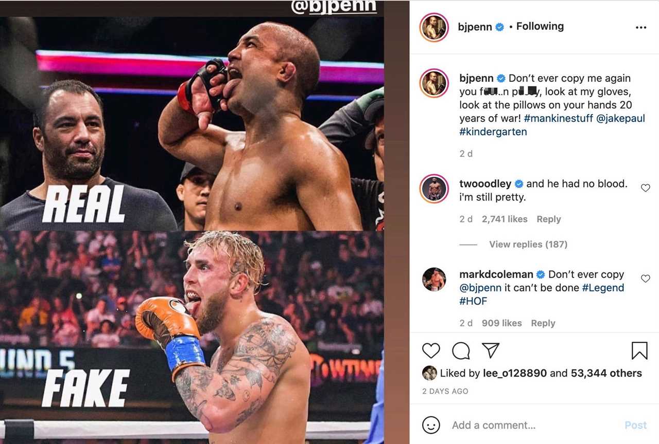 Jake Paul was branded f***ing p***y by UFC legend BJ Pen for replicating his glove lick celebration at Tyron Woodley fight