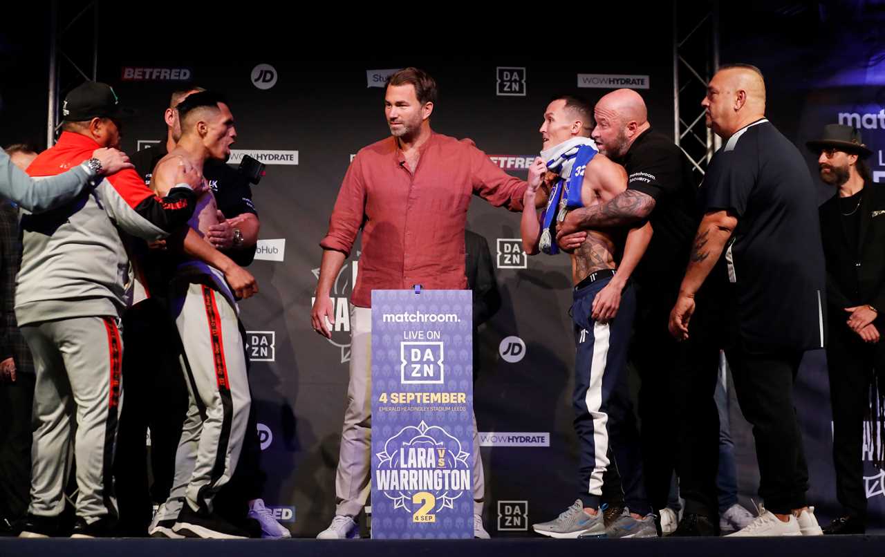 After Brit is pushed, Josh Warrington and Mauricio Lara are separated by security at a fiery weigh in.
