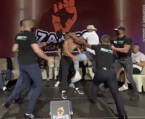Watch the shocking moment a fighter KOs his opponent with a brutal flying knee at WEIGHIN for Zames Fight Club bout