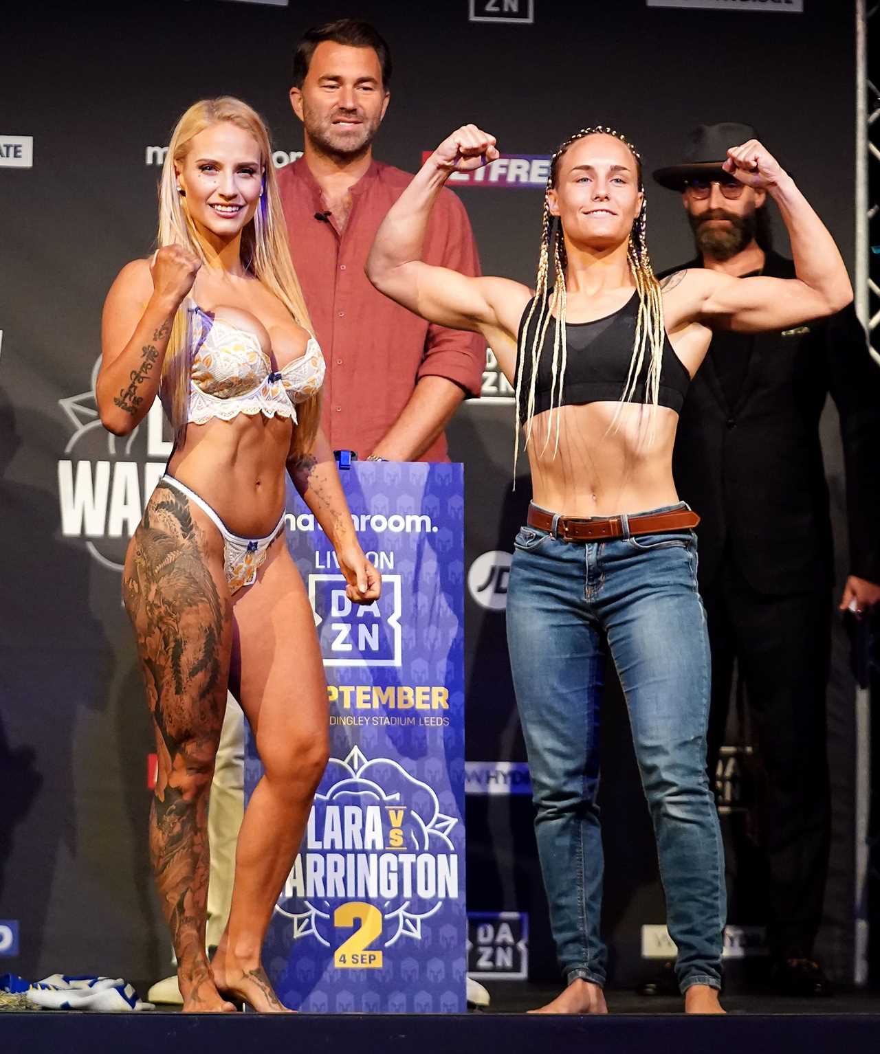Ebanie Bridges removes her underwear and holds the 'Leeds scarf to weigh-in for Headingley fight against Mailys Gangloff