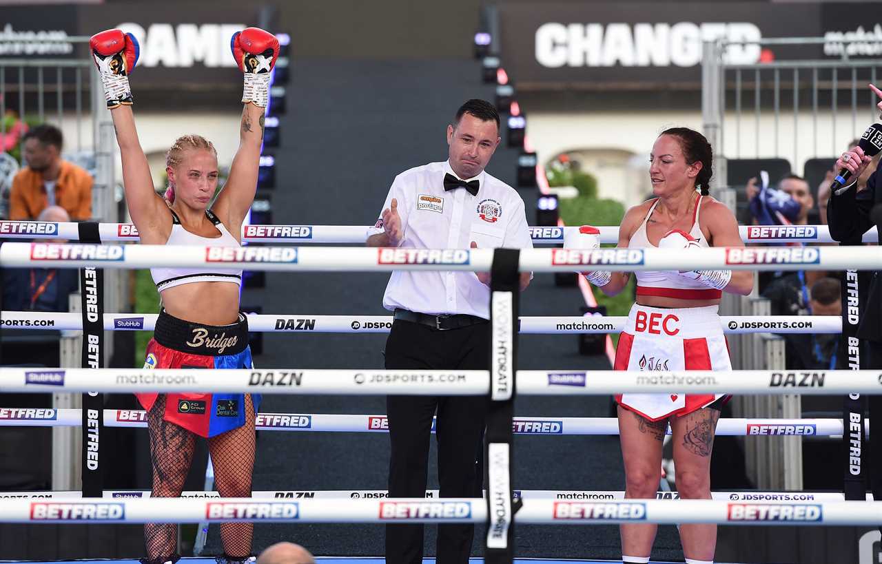 Ebanie Bridges removes her underwear and holds the 'Leeds scarf to weigh-in for Headingley fight against Mailys Gangloff