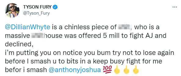 Tyson Fury calls Dillian Whyte a 'chinless piece s***' and threatens Anthony Joshua with a rant