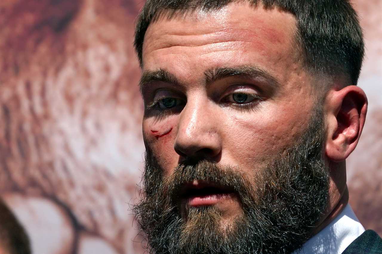 Caleb Plant is left by Canelo Alvarez after a furious brawl at the pre-fight press conference.