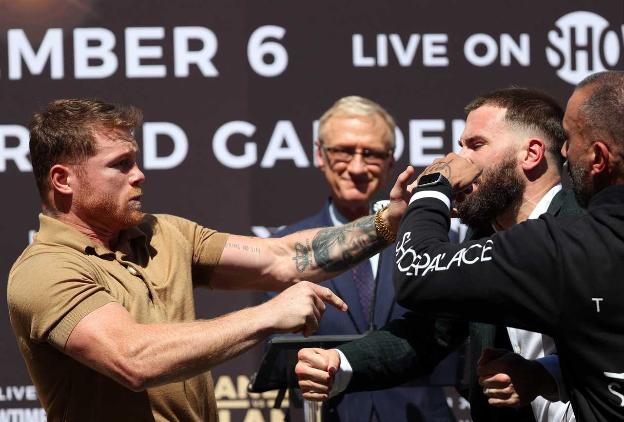 Caleb Plant is left by Canelo Alvarez after a furious brawl at the pre-fight press conference.