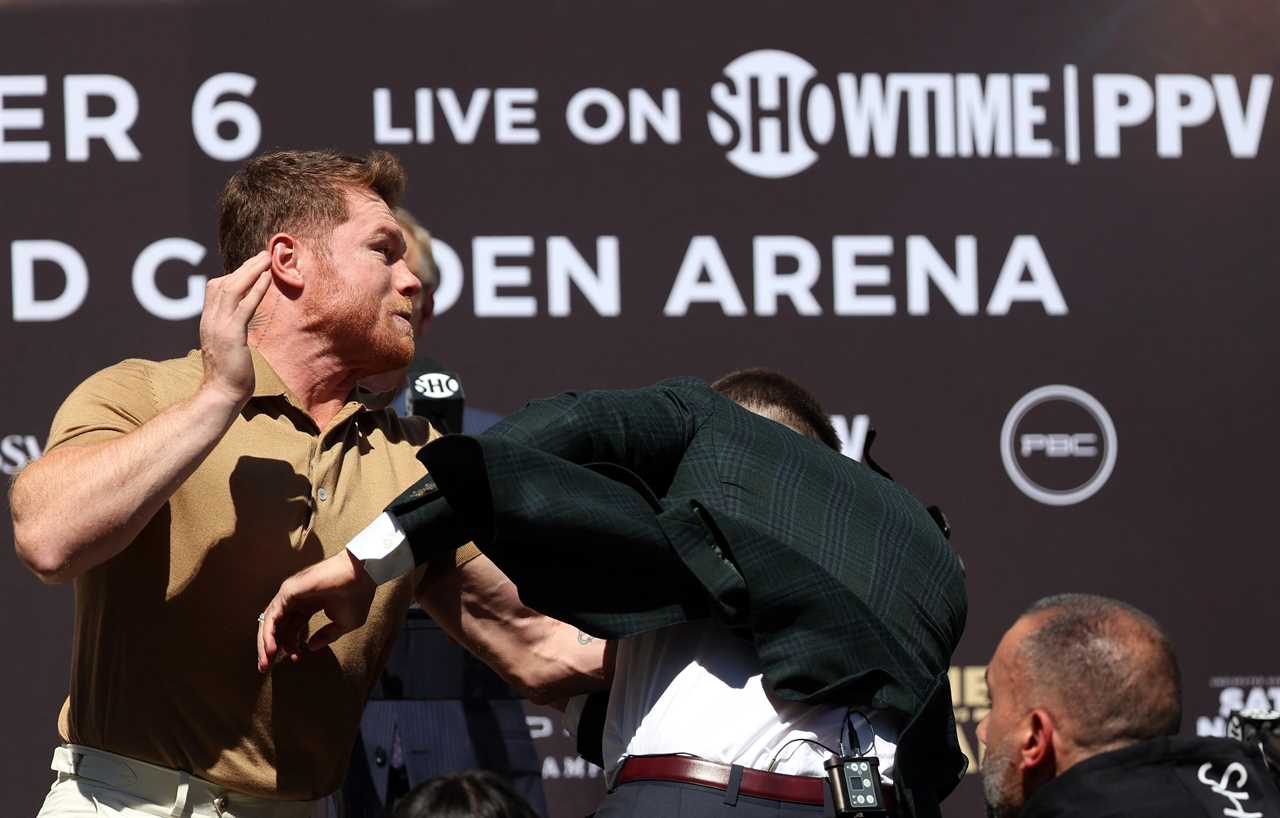 Caleb Plant is left by Canelo Alvarez after a furious brawl at the pre-fight press conference.