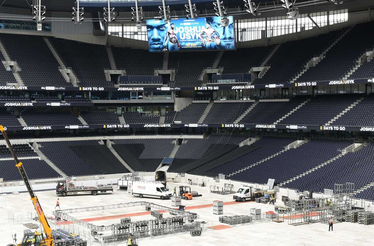 Tottenham Stadium transformed to host Anthony Joshua vs Oleksandr Uzyk. The pitch was covered and the ring began to take shape