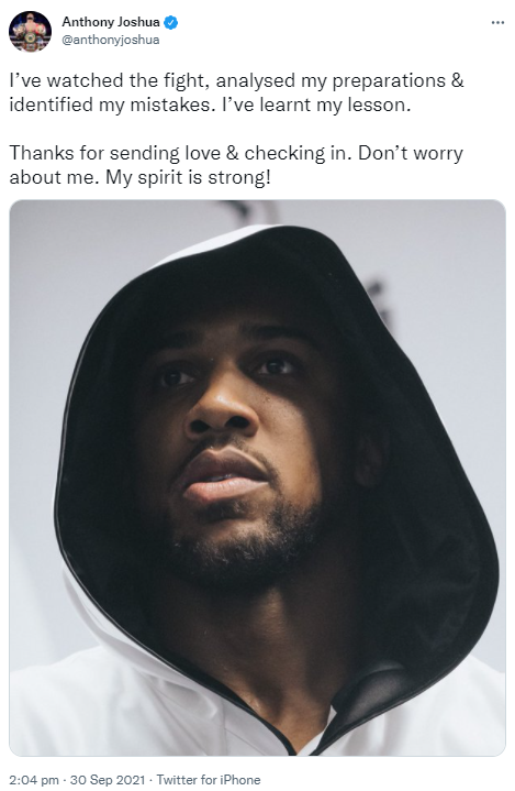 Anthony Joshua promises fans that his spirit is strong despite the devastating loss to Usyk. He also says that he has learned a lot.