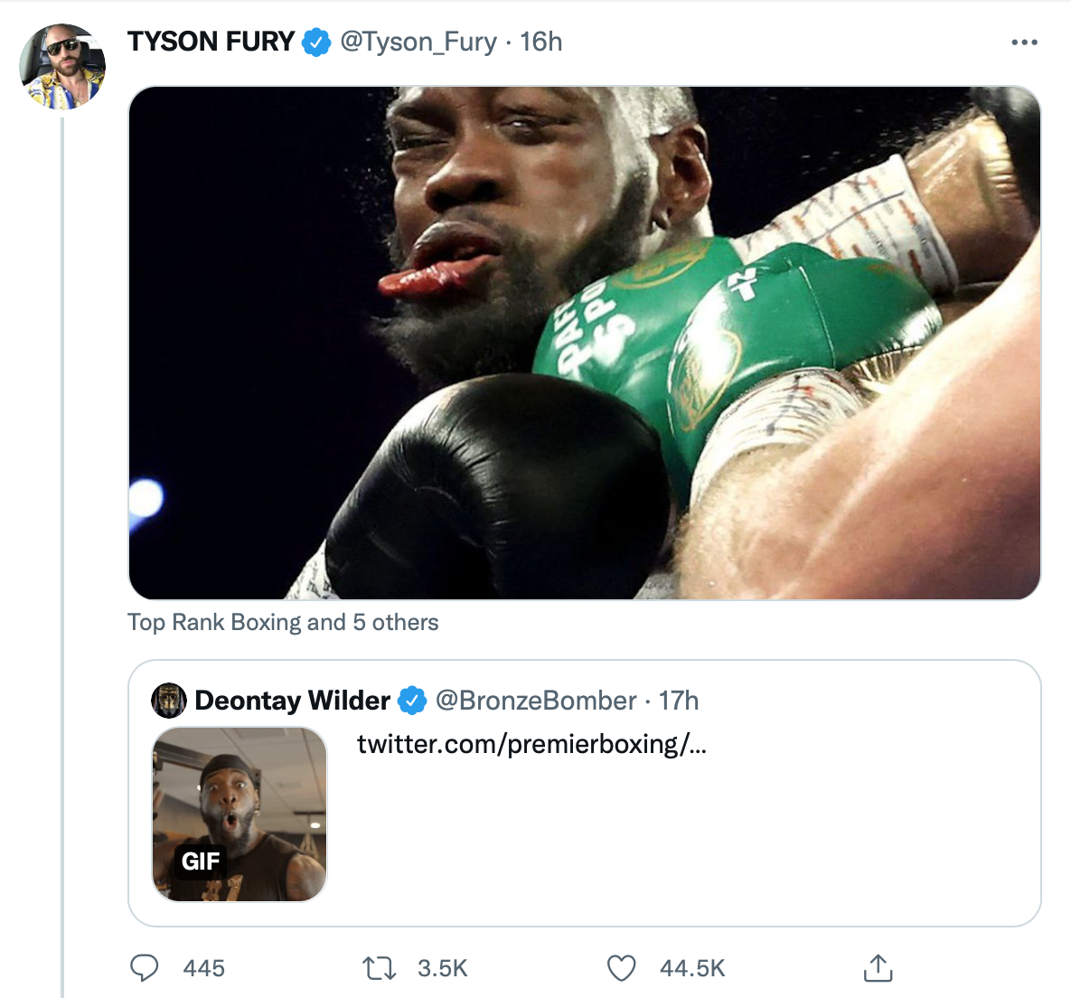 Tyson Fury brilliantly hits back against Deontay Wilder’s'steamtrain' post with a brutal snap of him punching his rival in the face