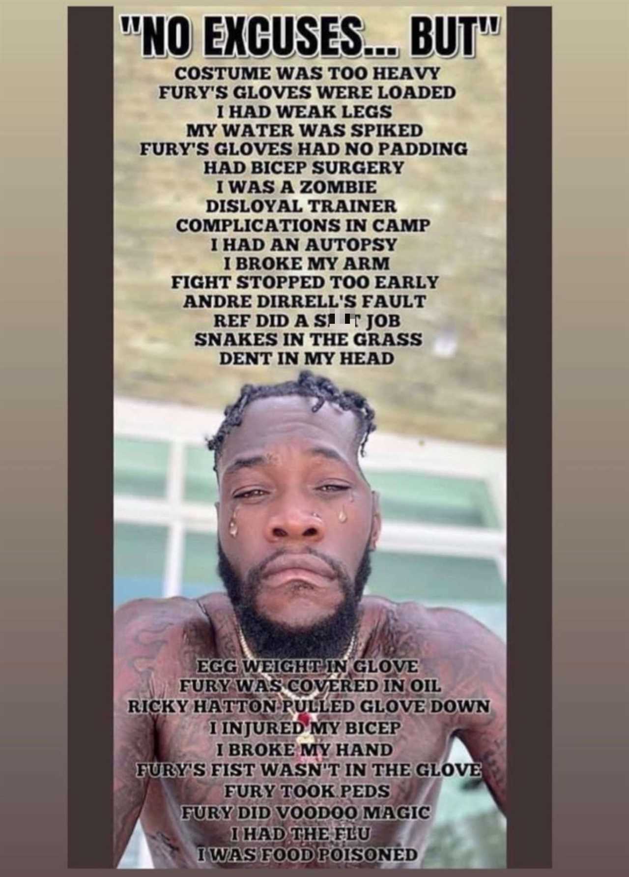 Tyson Fury lists 26 excuses that Deontay Wilder gave after an epic loss.