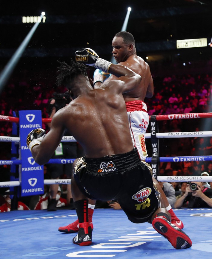 As Fury vs Wilder crowd gasps, watch Frank Sanchez hit Efe Ajagba in a controversial moment.