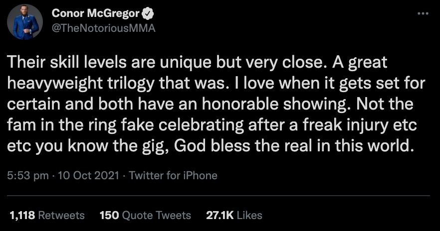 Conor McGregor takes aim at Dustin Poirier, UFC star. He congratulates Tyson Fury & Deontay Wilder for their epic trilogy