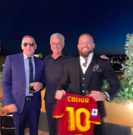 Conor McGregor drinks whiskey with Jose Mourinho after UFC star receives Roma shirt from the Vatican.