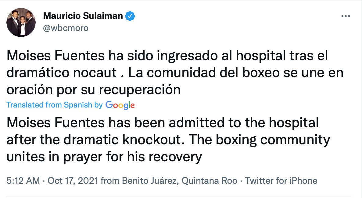 Moises Fuentes was rushed to the hospital after a brutal KO left him incapacitated. WBC leaders 'prayers'