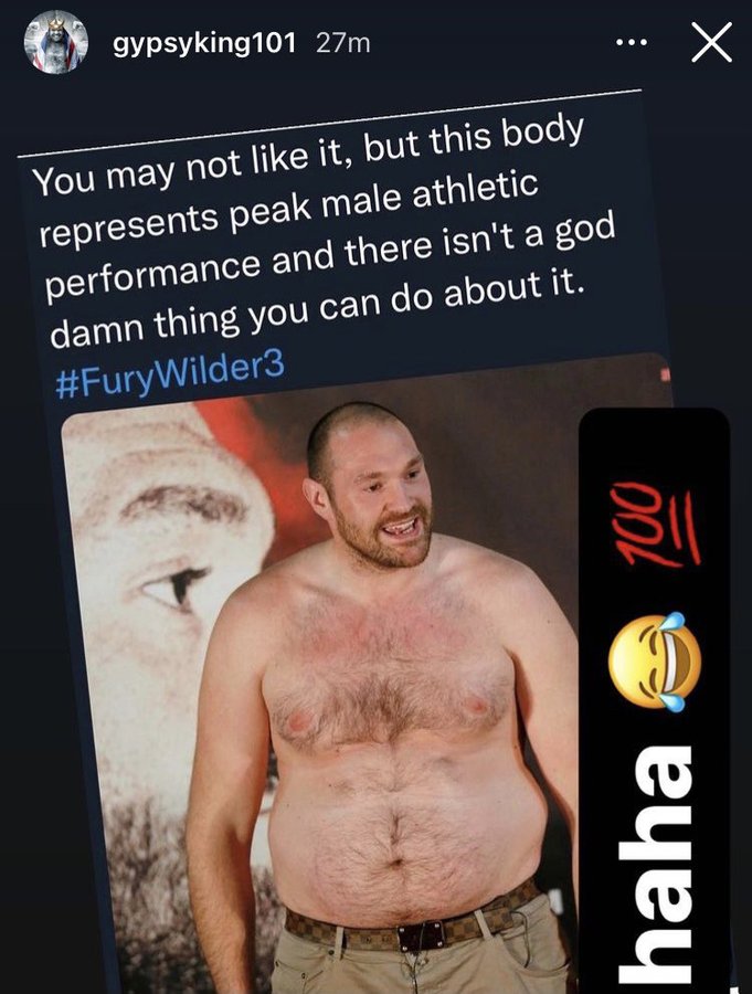 Tyson Fury reacts an old photo of him before he lost a lot of weight, but says that it's his '100% body of peak male performance.