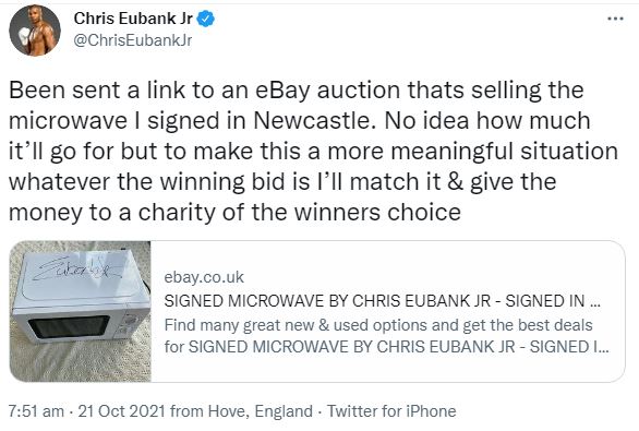 Kind Eubank Jr. will match the winning bid for the microwave autographed by him and donate cash to charity once it's placed on eBay