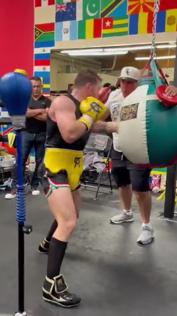 Canelo Alvarez, a boxing P4P star, shows off some brutal power punches while on heavy bag.