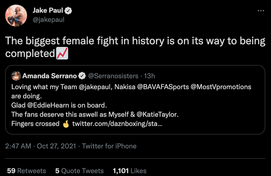 Jake Paul claims that Katie Taylor vs Amanda Serrano is the 'biggest female fight' in history. After talks with Hearn, Paul believes they are on track.