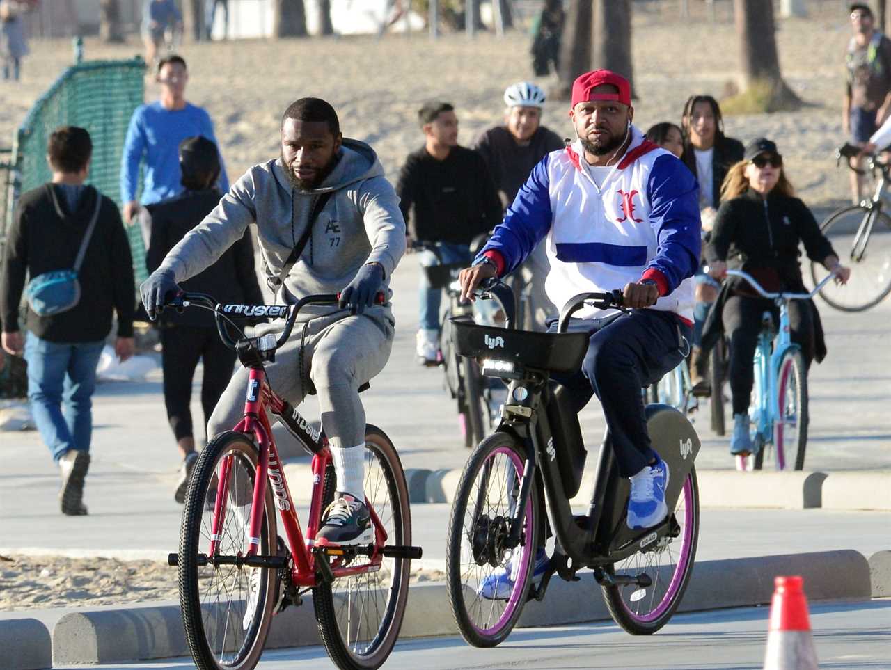 Floyd Mayweather was spotted riding his bike along the beach of Los Angeles as he continues to keep fit after returning from boxing.