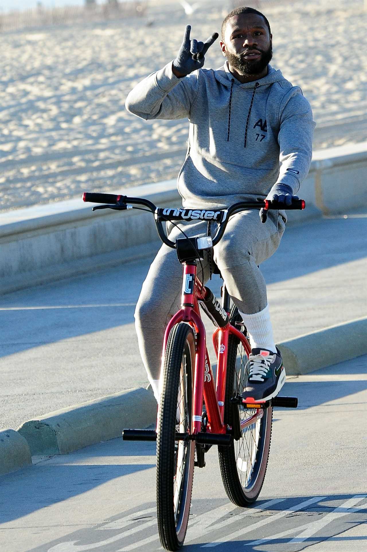 Floyd Mayweather was spotted riding his bike along the beach of Los Angeles as he continues to keep fit after returning from boxing.
