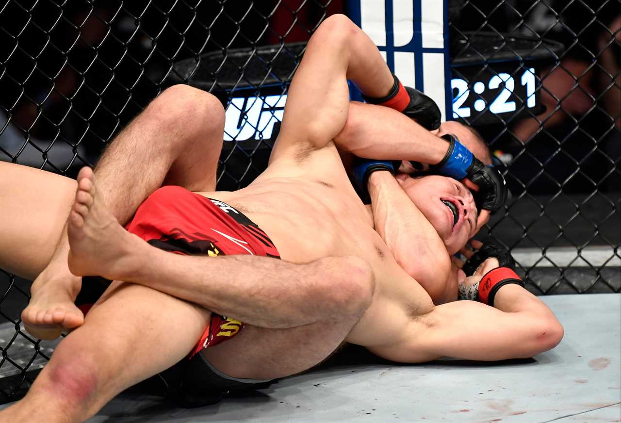 Khamzat Chimaev and Dana White chat while holding Li Jingliang mid-air, before choking him at UFC 267