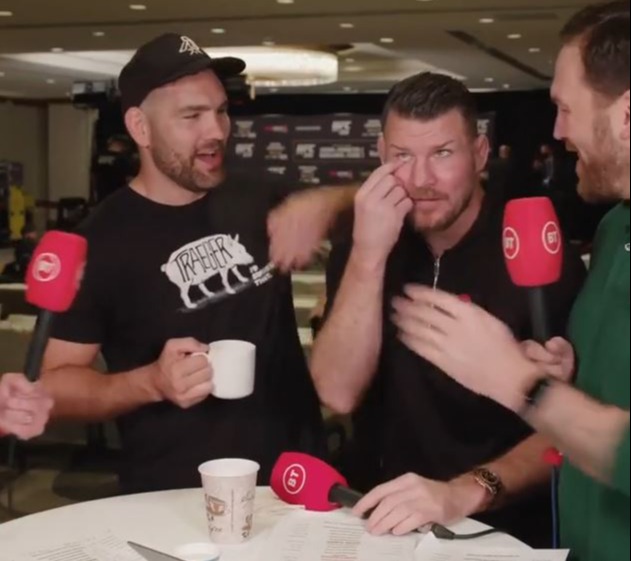Amazing moment UFC legend Michael Bisping reveals his fake eye during live BT broadcast. It leaves reporter shocked