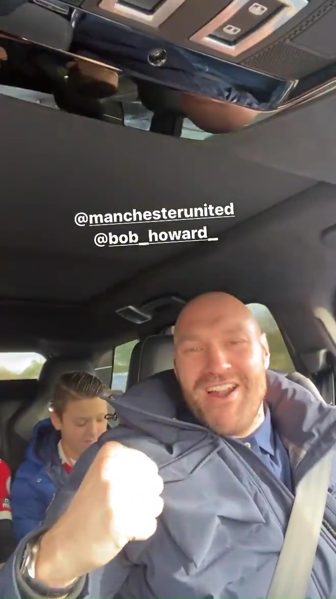 Tyson Fury, a pumped-up Man Utd fan shouts Come on the Reds as he takes his kids to Old Trafford to watch the derby against City.