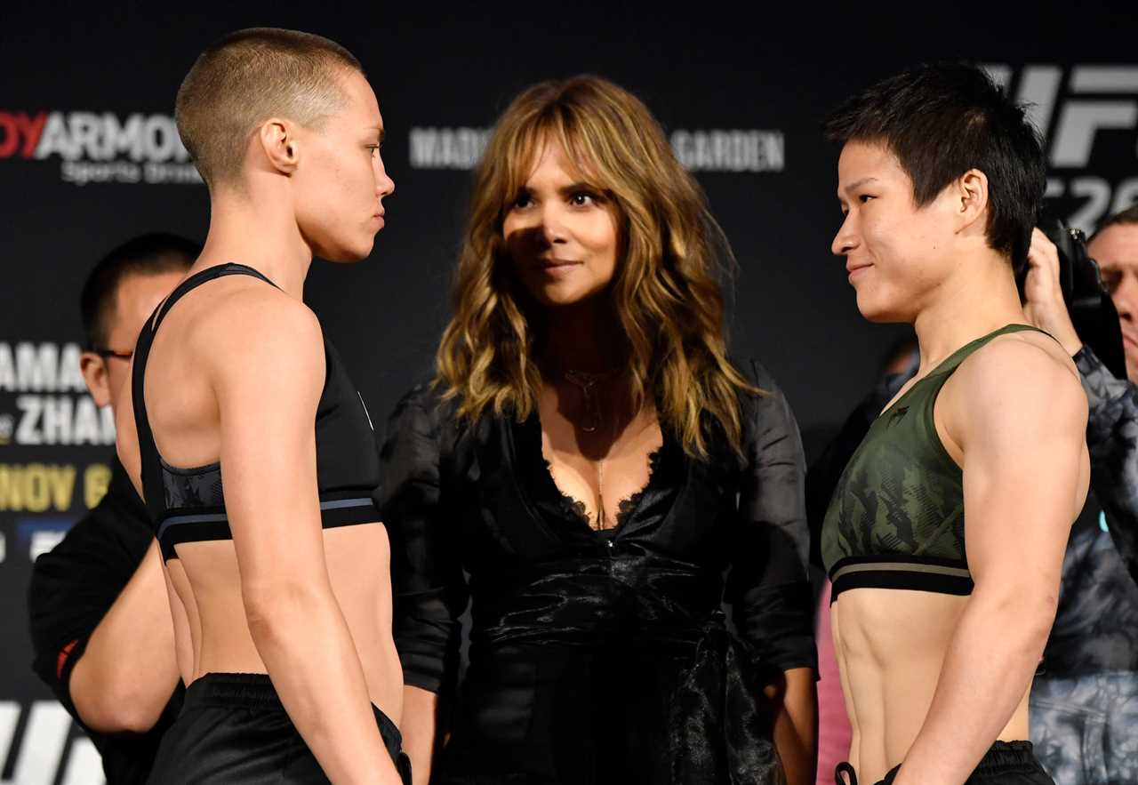 Halle Berry supervises the tense UFC 268 weigh in between Rose Namajunas & Zheng Weili, ahead of her MMA role on film