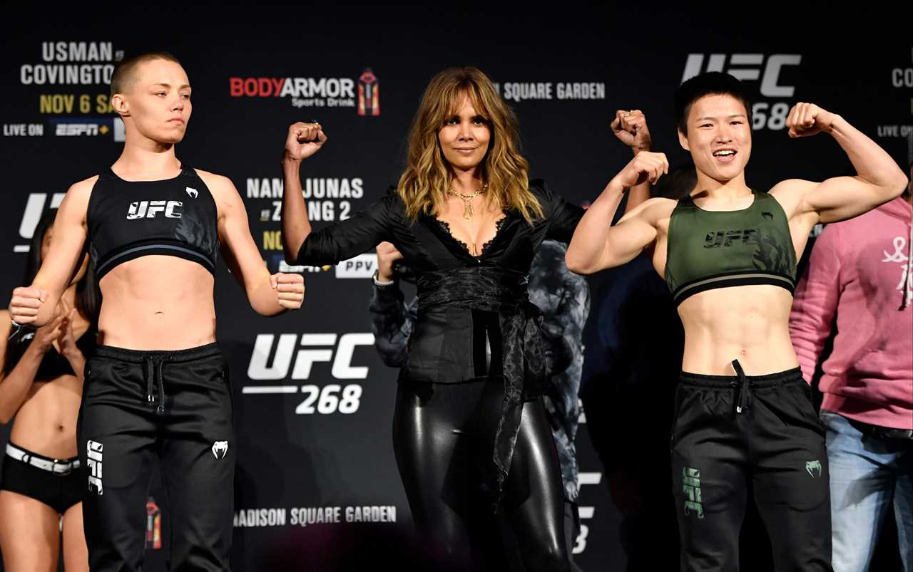 Halle Berry supervises the tense UFC 268 weigh in between Rose Namajunas & Zheng Weili, ahead of her MMA role on film