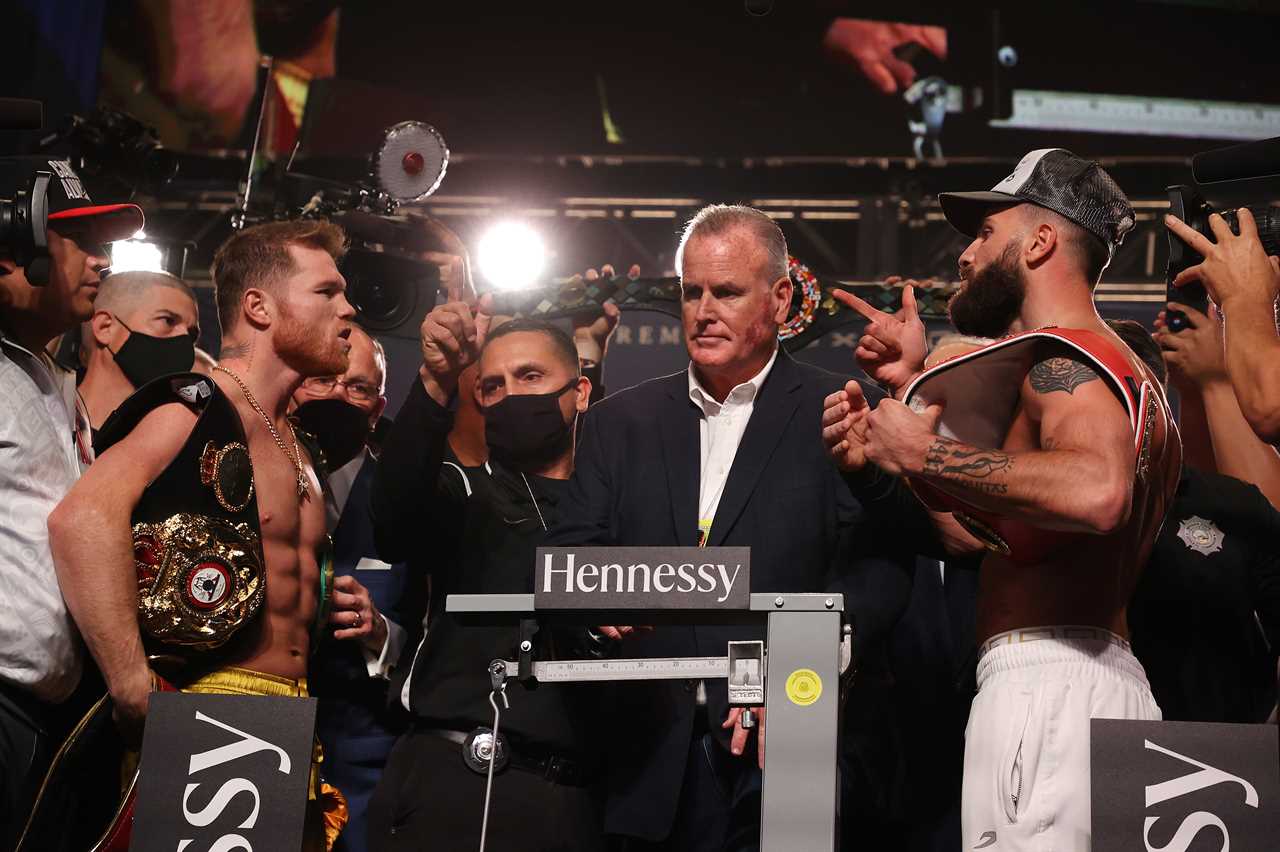 Caleb Plant and Canelo Alvarez are not allowed to face off as Mike Tyson supervises a fiery weigh in before the grudge match