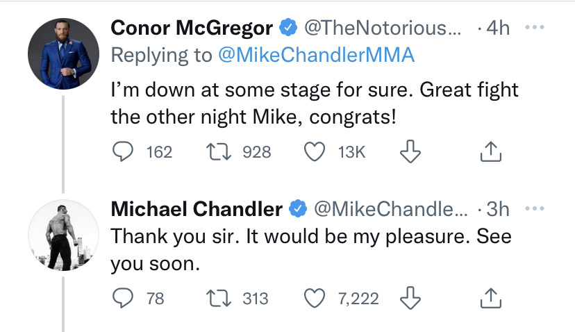Conor McGregor accepts Michael Chandler’s 2022 fight call-out and congratulates his UFC opponent on Justin Gaethje's performance