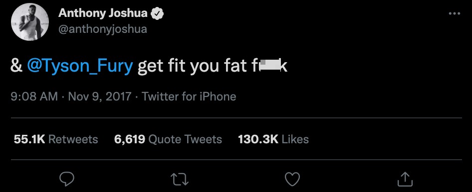 Tyson Fury replies to Anthony Joshua's tweet from four years ago. It inspired an incredible comeback