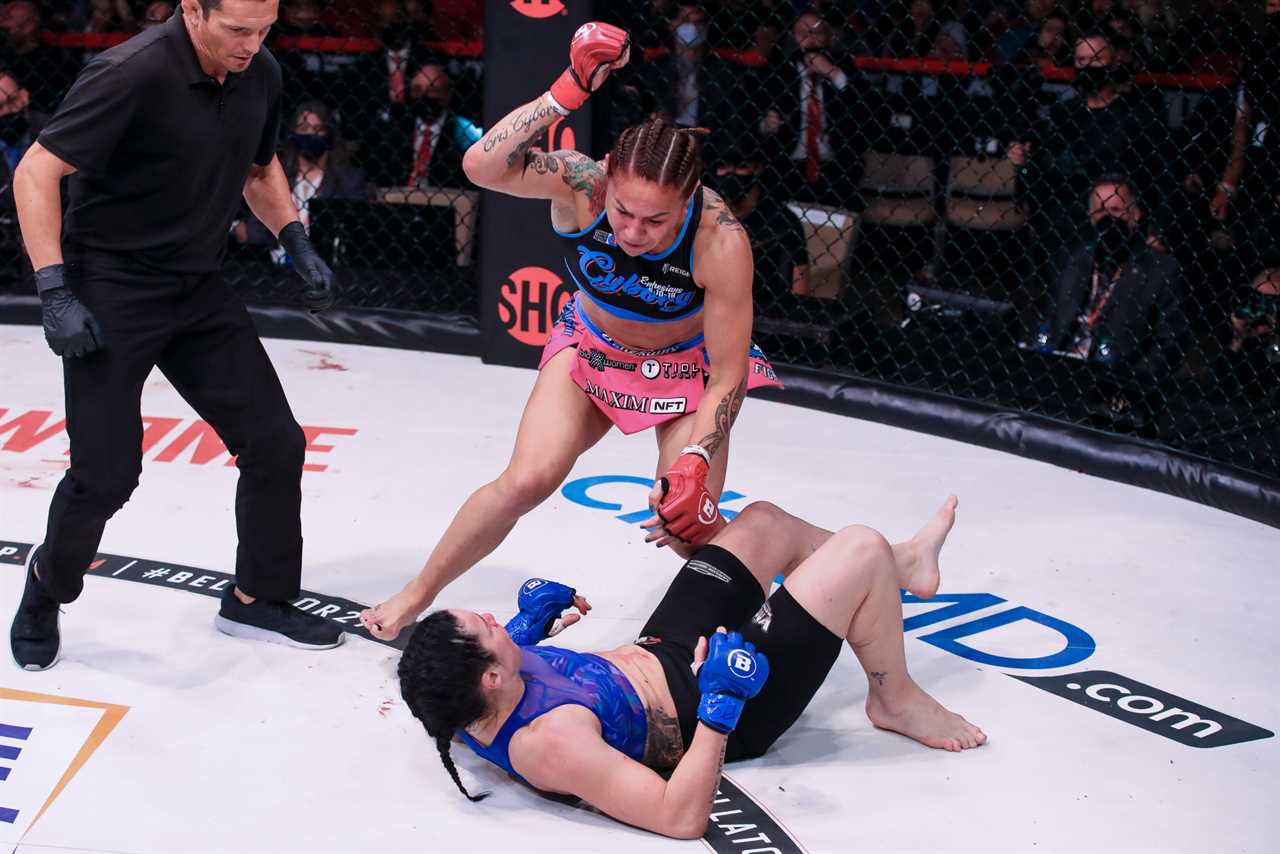 Watch Cris Cyborg win a brutal 92-second knockout of Sinead Kvanagh at Bellator 271, to keep the featherweight title