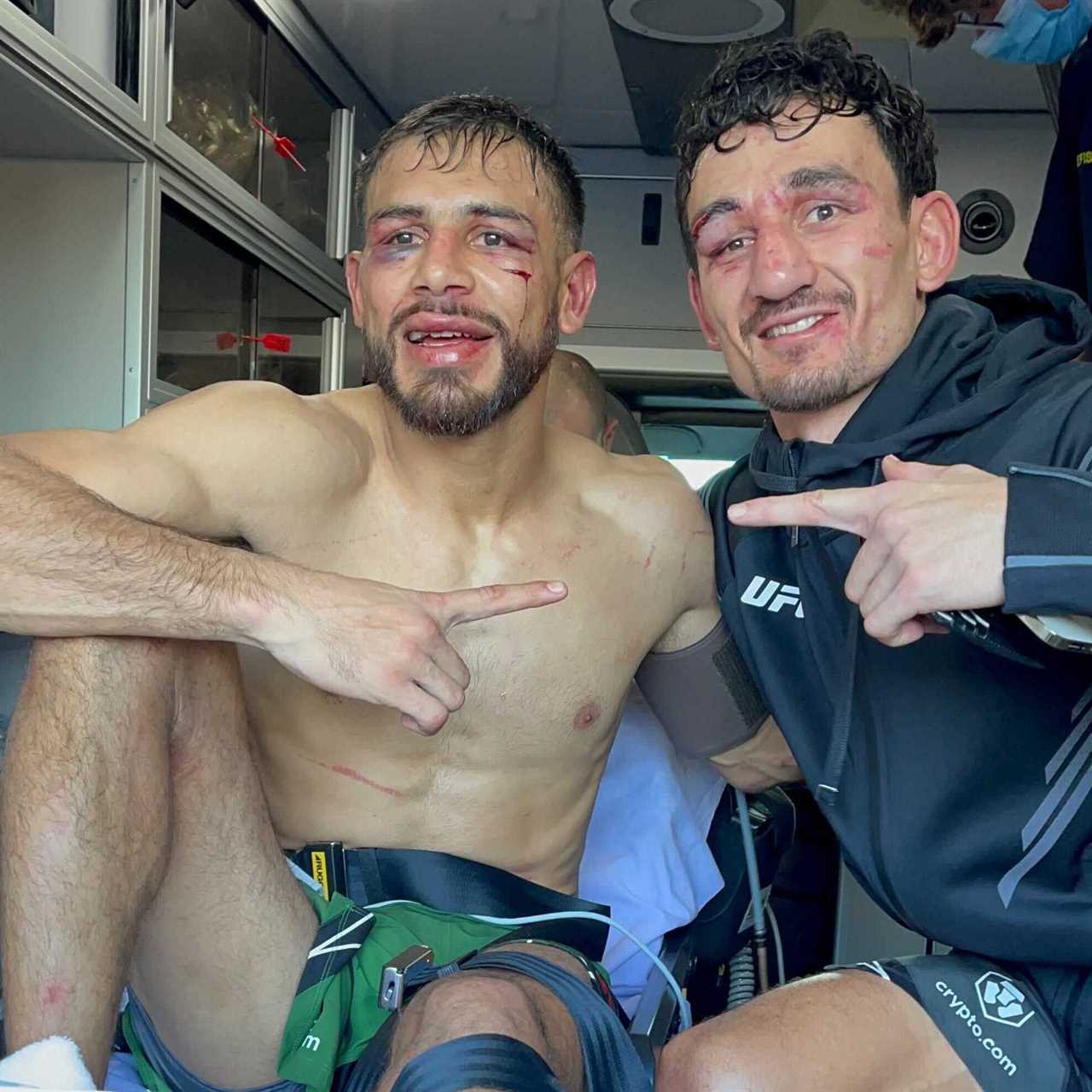 After 'one the greatest fights ever,' Max Holloway and Yair Rod pose for photos in AMBULANCE.
