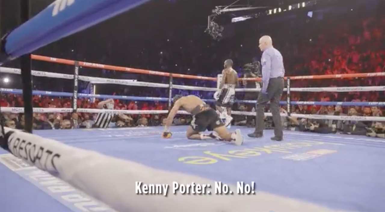 Watch Terence Crawford being told that he's down on cards against Shawn Porter... stunning KO seconds later