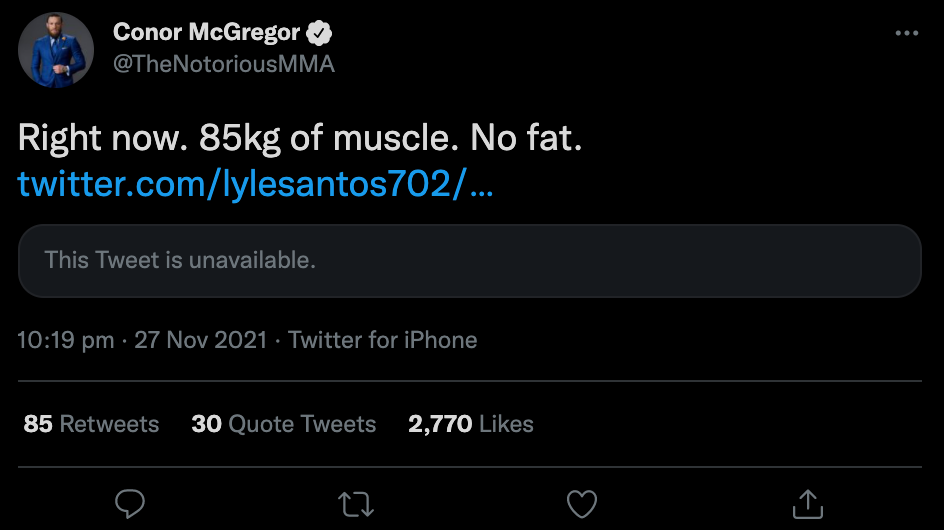 Conor McGregor, the musclebound UFC star, reveals that he is 85Kg.