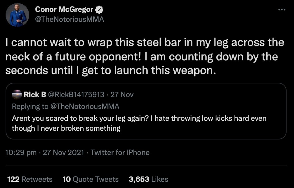 Conor McGregor would like to use steel bar in his leg as a 'WEAPON', and 'can’t wait to wrap that around the neck of UFC opponent's'
