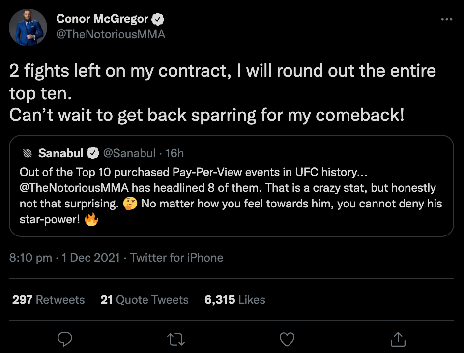 Conor McGregor reveals that he still has two fights on his UFC contract. He also wants to break the PPV record of top ten most-sold PPV channels
