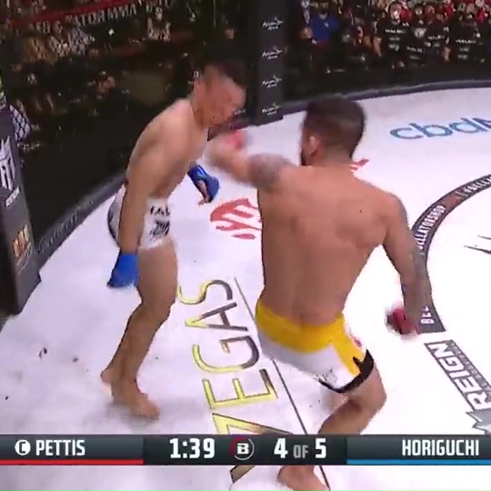 Pettis, MMA's star, knocks Horiguchi cold with a 'KOof the year' spinning fist that sends commentator wild