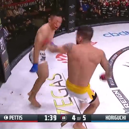 Pettis, MMA's star, knocks Horiguchi cold with a 'KOof the year' spinning fist that sends commentator wild
