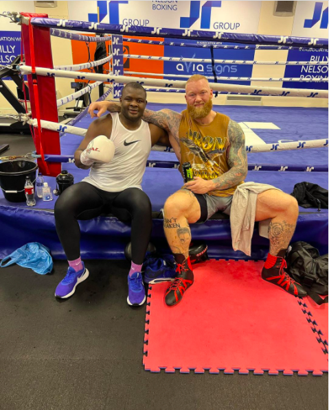 Tyson Fury meets his match in a photo taken with Game of Thrones giant Hafthor Brjornsson, ahead of his fight against Eddie Hall