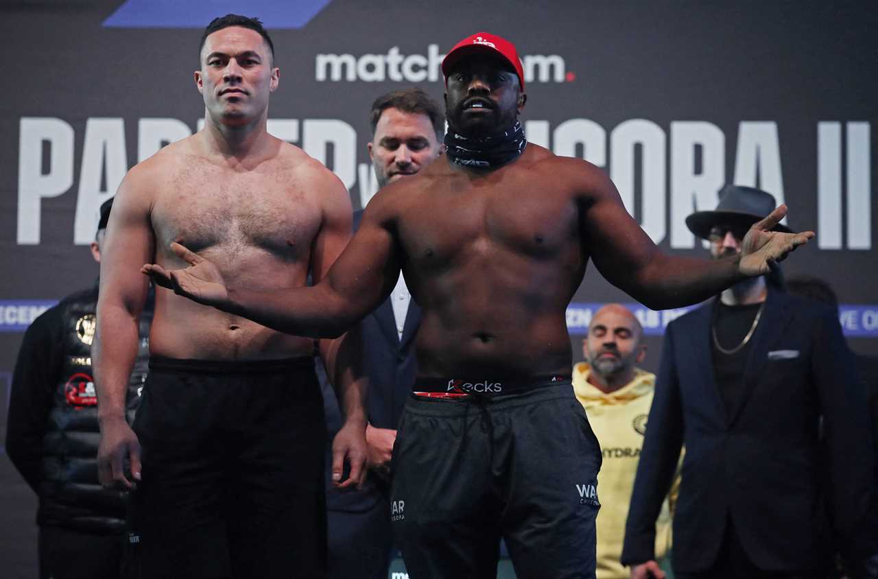 Chisora & Parker weigh in for the rematch against Kiwi nearly a STONE lighter than their first fight after Tyson Fury’s training
