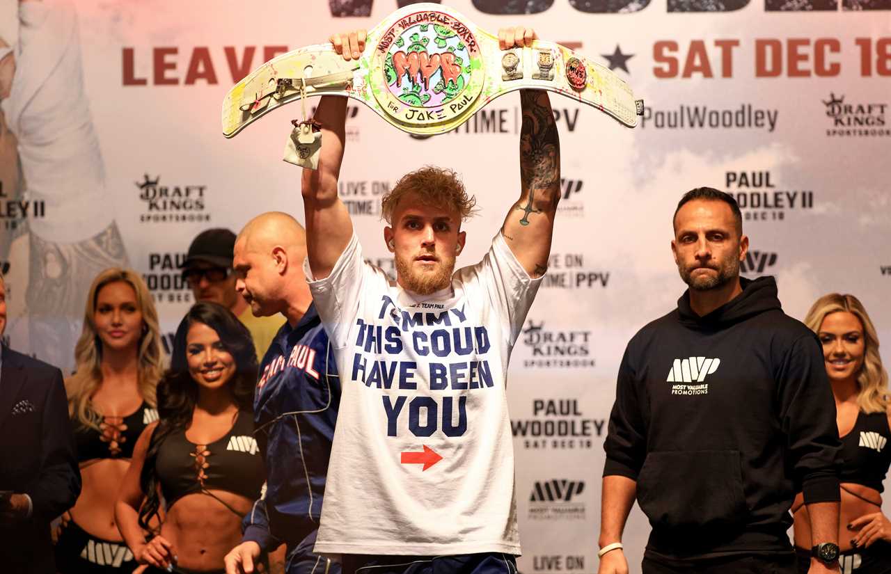 Jake Paul rocks a 'this could't have been you' Tshirt at Tommy Fury. YouTuber Tyron Woodley is next to Jake Paul